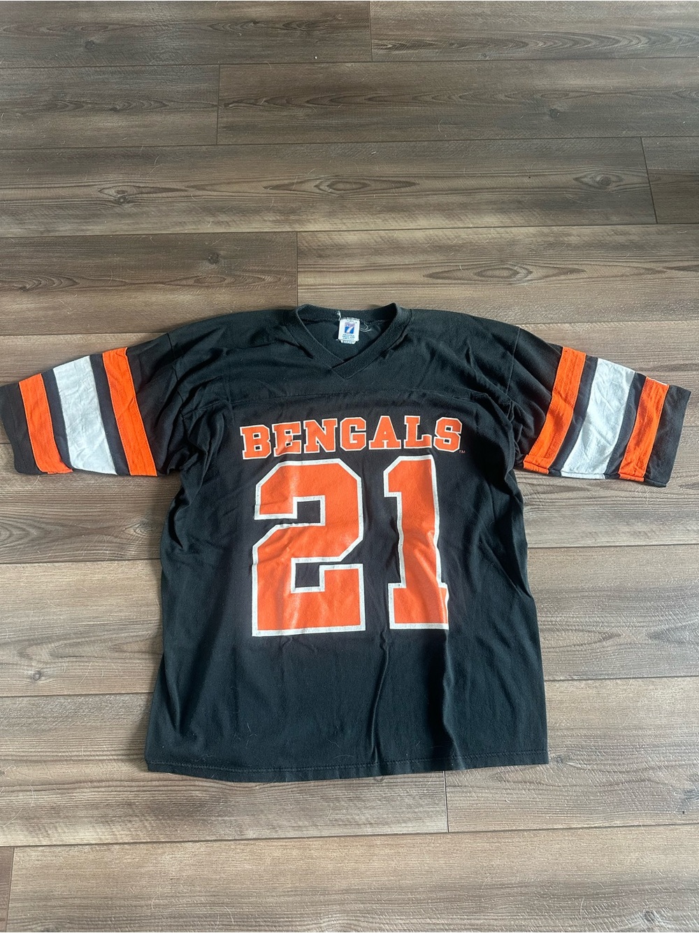 Vintage Bengals #21 Black & Orange Football Logo 7 Raglan Tee NFL Sz L